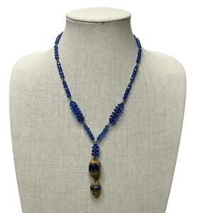 Art Deco Revival 1940s-50s Czech Blue Glass Bead Necklace Gold Filigree 19”